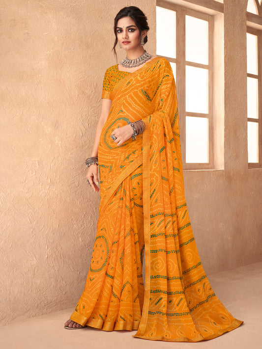 Women's Chiffon Yellow Embellished Designer Saree With Blouse Piece