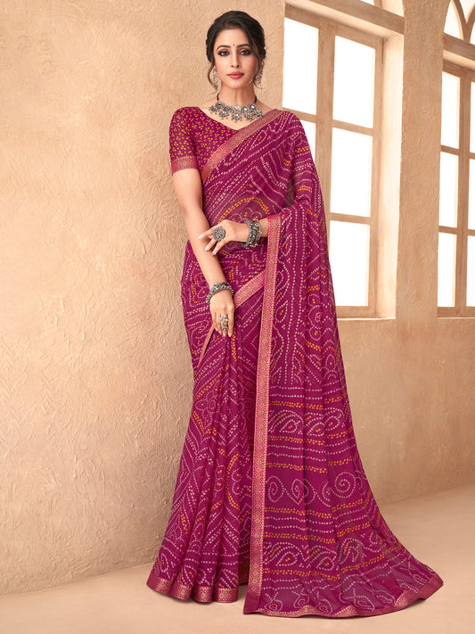 Women's Chiffon Magenta Embellished Designer Saree With Blouse Piece