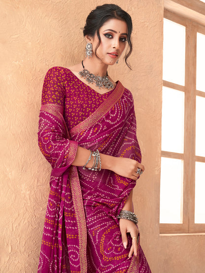 Women's Chiffon Magenta Embellished Designer Saree With Blouse Piece