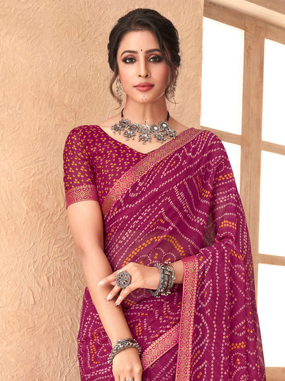 Women's Chiffon Magenta Embellished Designer Saree With Blouse Piece