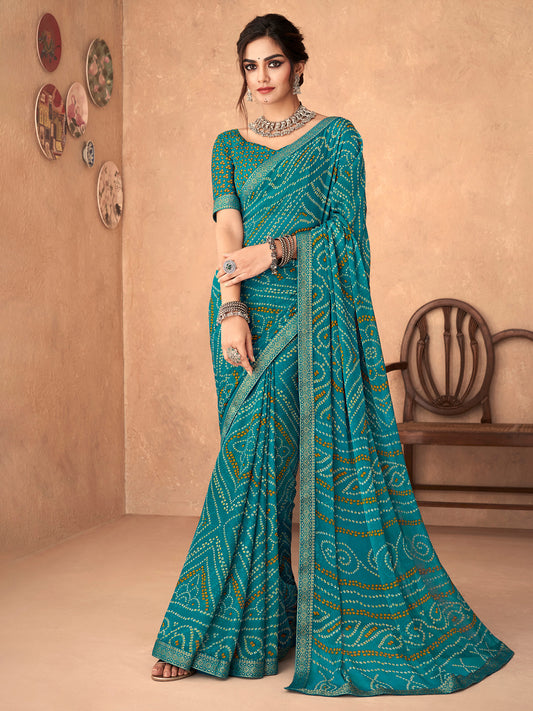 Women's Chiffon Teal blue Embellished Designer Saree With Blouse Piece
