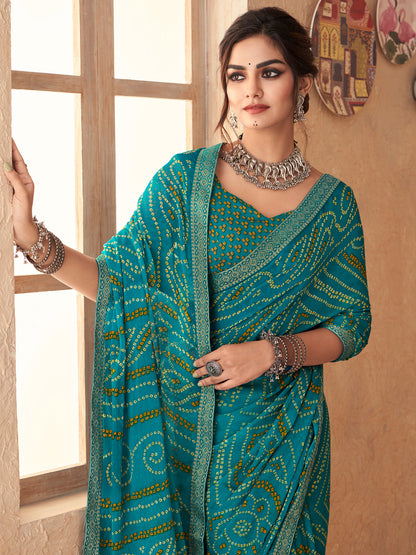 Women's Chiffon Teal blue Embellished Designer Saree With Blouse Piece