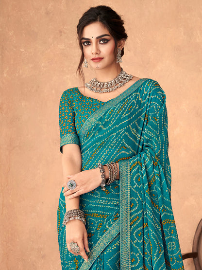 Women's Chiffon Teal blue Embellished Designer Saree With Blouse Piece