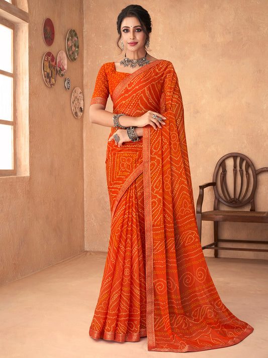 Women's Chiffon Orange Embellished Designer Saree With Blouse Piece