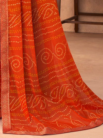 Women's Chiffon Orange Embellished Designer Saree With Blouse Piece