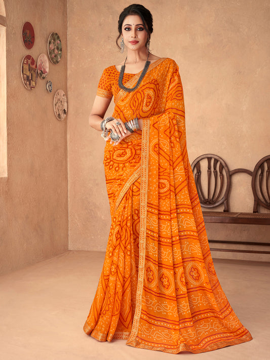 Women's Chiffon Yellow Embellished Designer Saree With Blouse Piece