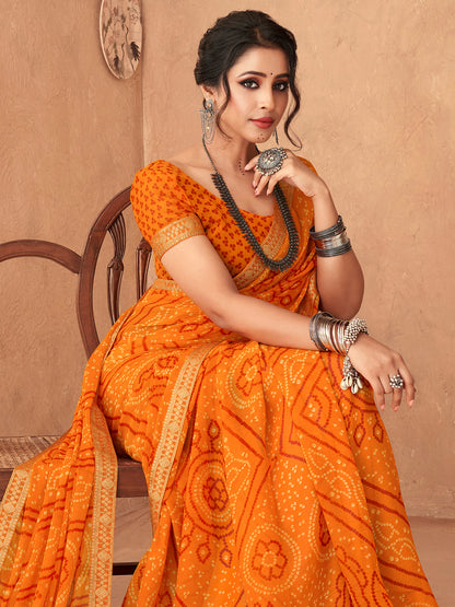 Women's Chiffon Yellow Embellished Designer Saree With Blouse Piece