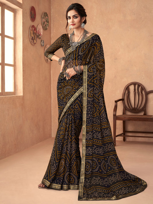 Women's Chiffon Black Embellished Designer Saree With Blouse Piece
