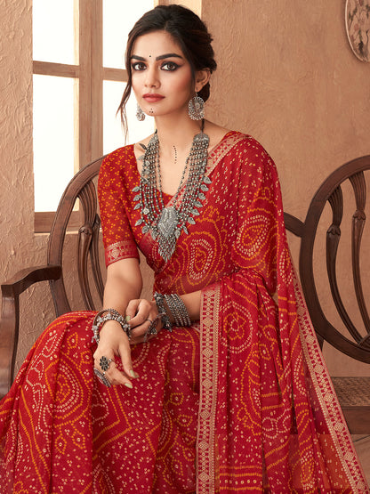Women's Chiffon Red Embellished Designer Saree With Blouse Piece