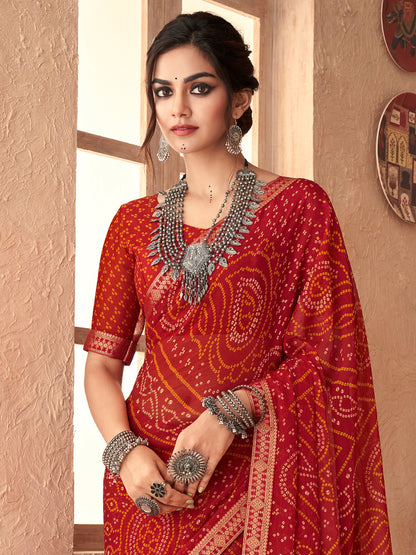 Women's Chiffon Red Embellished Designer Saree With Blouse Piece