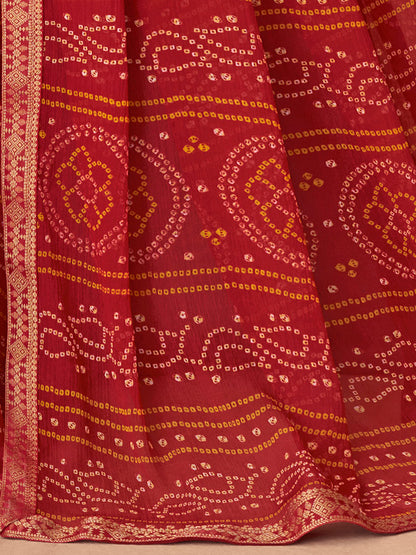 Women's Chiffon Red Embellished Designer Saree With Blouse Piece