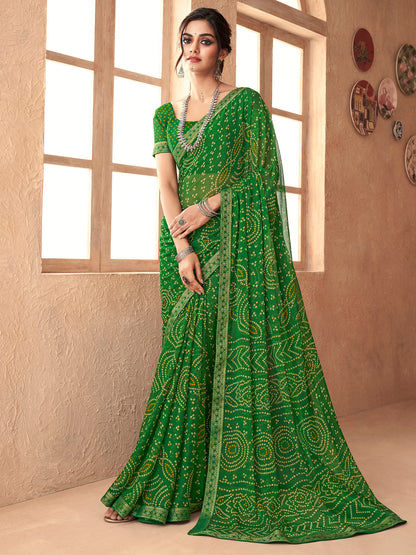 Women's Chiffon Green Embellished Designer Saree With Blouse Piece
