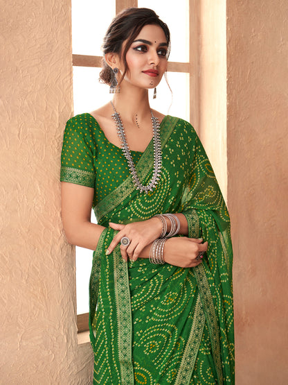 Women's Chiffon Green Embellished Designer Saree With Blouse Piece