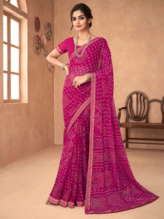Women's Chiffon Pink Embellished Designer Saree With Blouse Piece