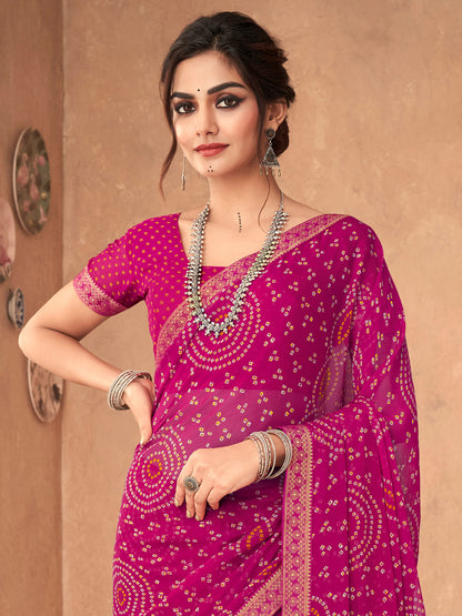 Women's Chiffon Pink Embellished Designer Saree With Blouse Piece