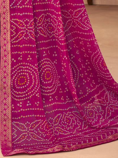 Women's Chiffon Pink Embellished Designer Saree With Blouse Piece