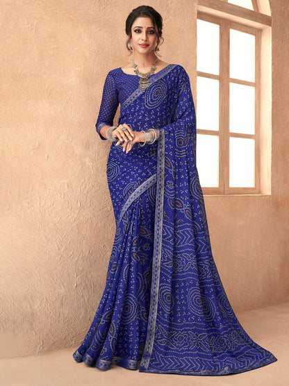 Women's Chiffon Blue Embellished Designer Saree With Blouse Piece