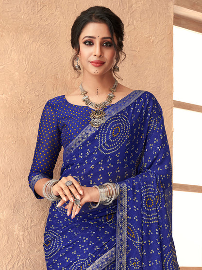 Women's Chiffon Blue Embellished Designer Saree With Blouse Piece