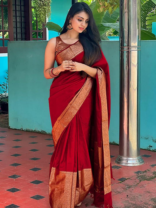 Women's Silk Blend Maroon Woven Design Designer Saree With Blouse Piece