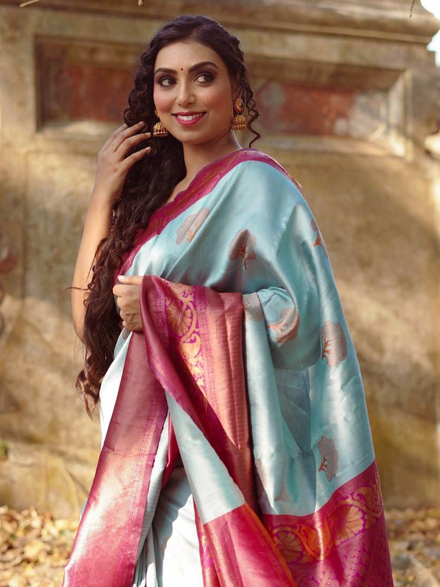 Women's Silk Blend Light Blue Woven Design Designer Saree With Blouse Piece