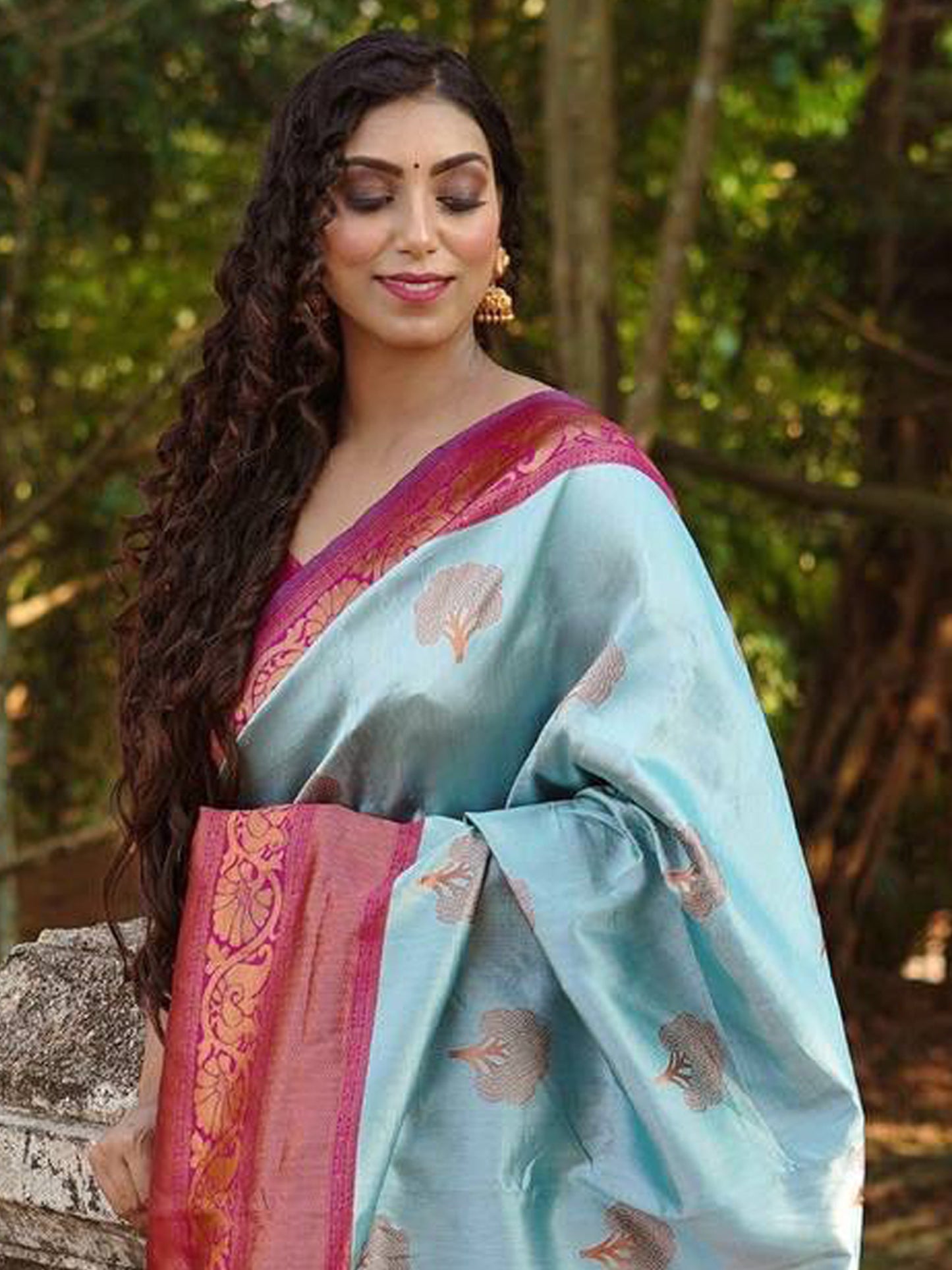 Women's Silk Blend Light Blue Woven Design Designer Saree With Blouse Piece