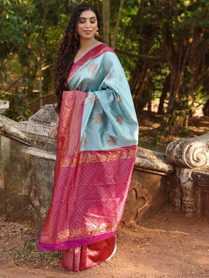 Women's Silk Blend Light Blue Woven Design Designer Saree With Blouse Piece