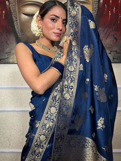 Women's Silk Blend Navy Blue Woven Design Designer Saree With Blouse Piece
