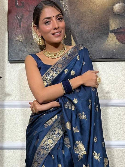 Women's Silk Blend Navy Blue Woven Design Designer Saree With Blouse Piece