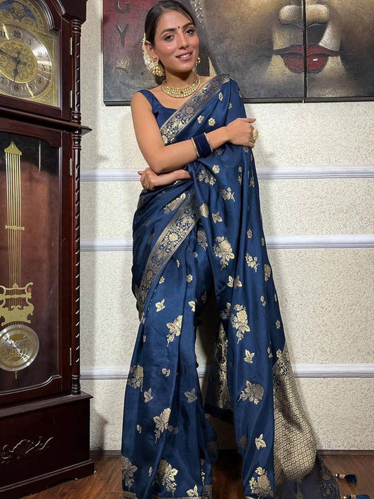 Women's Silk Blend Navy Blue Woven Design Designer Saree With Blouse Piece