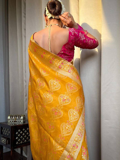 Women's Silk Blend Yellow Woven Design Designer Saree With Blouse Piece