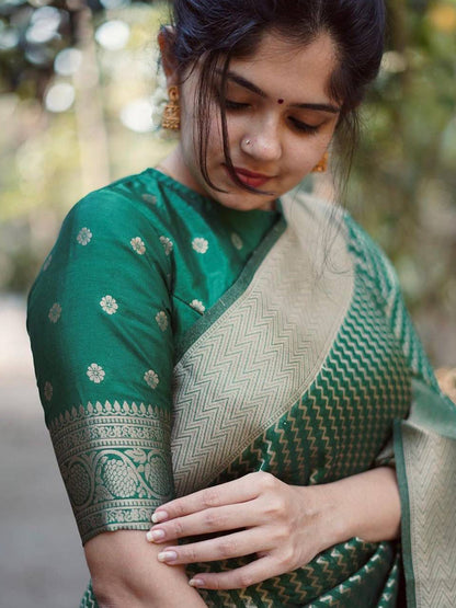 Women's Silk Blend Teal green Woven Design Designer Saree With Blouse Piece