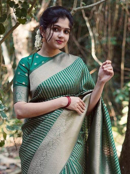Women's Silk Blend Teal green Woven Design Designer Saree With Blouse Piece