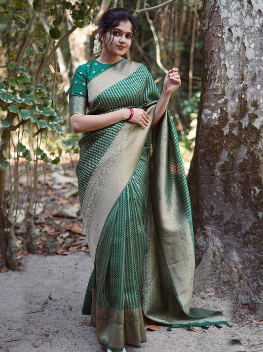 Women's Silk Blend Teal green Woven Design Designer Saree With Blouse Piece