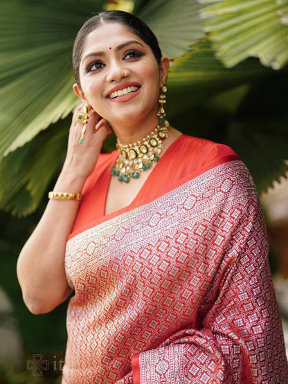 Women's Silk Blend Red Woven Design Designer Saree With Blouse Piece