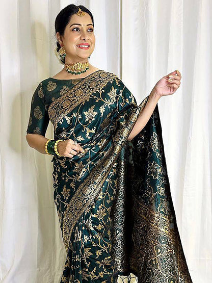 Women's Silk Blend Green Woven Design Designer Saree With Blouse Piece