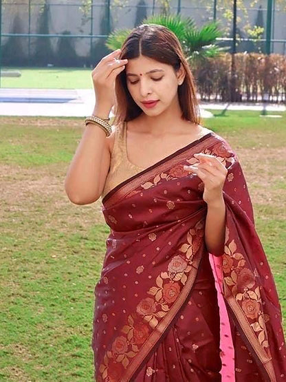 Women's Silk Blend Maroon Woven Design Designer Saree With Blouse Piece