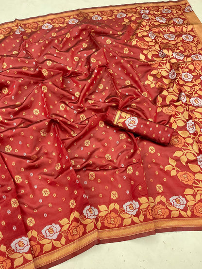 Women's Silk Blend Maroon Woven Design Designer Saree With Blouse Piece