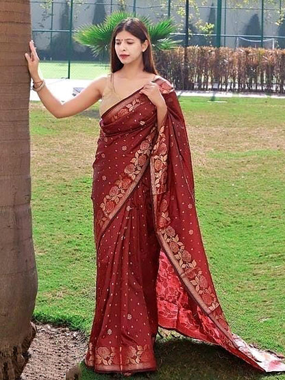 Women's Silk Blend Maroon Woven Design Designer Saree With Blouse Piece