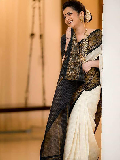 Women's Silk Blend White Woven Design Designer Saree With Blouse Piece