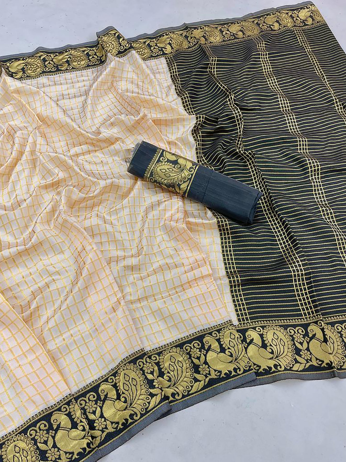 Women's Silk Blend White Woven Design Designer Saree With Blouse Piece