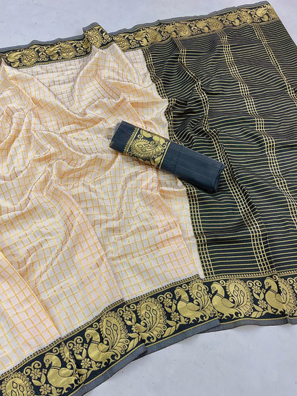 Women's Silk Blend White Woven Design Designer Saree With Blouse Piece