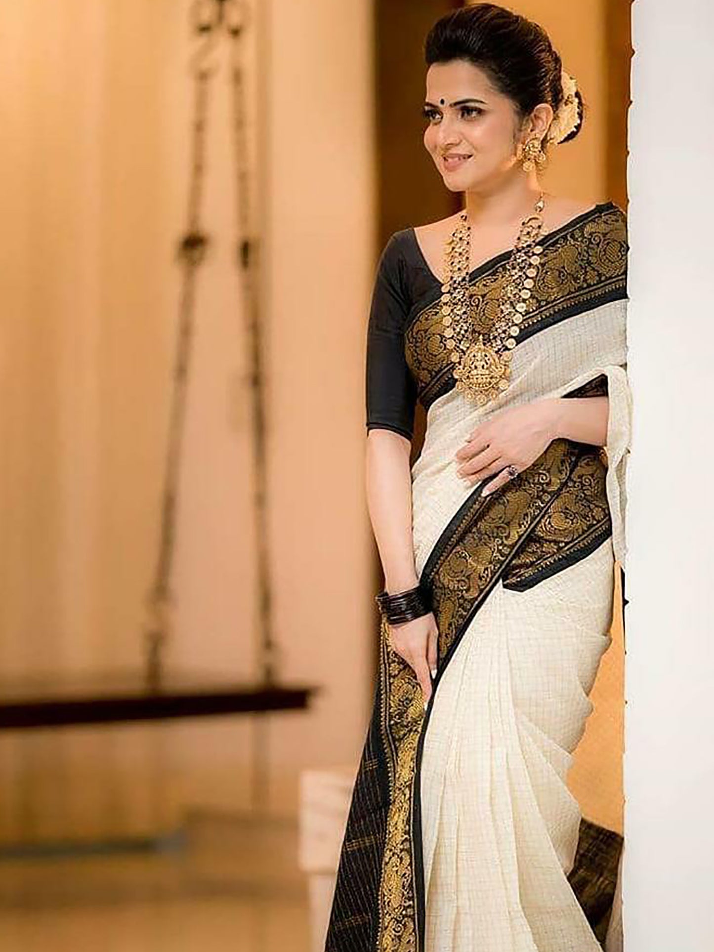 Women's Silk Blend White Woven Design Designer Saree With Blouse Piece