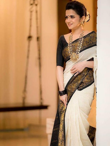 Women's Silk Blend White Woven Design Designer Saree With Blouse Piece