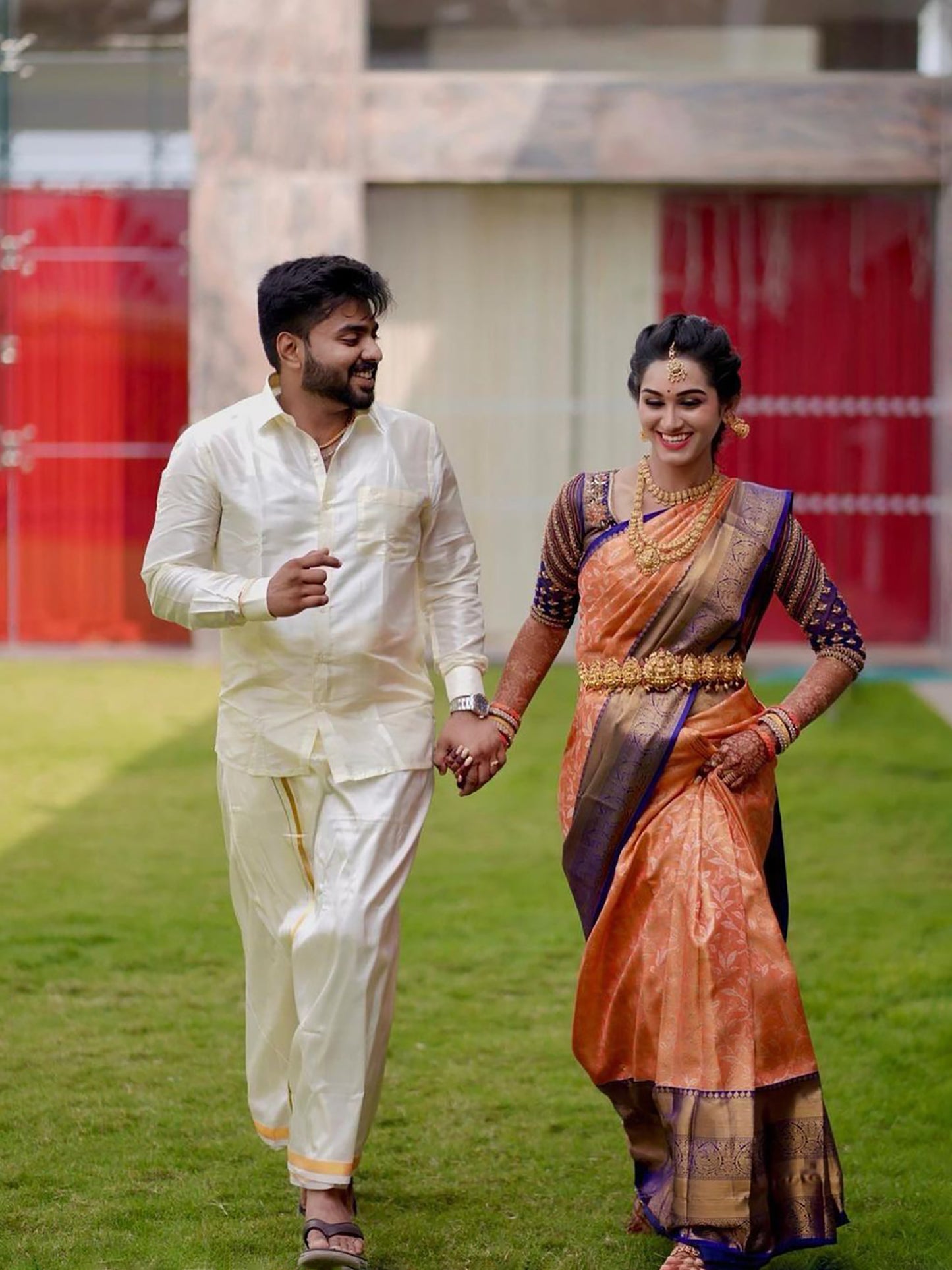 Women's Silk Blend Orange Woven Design Designer Saree With Blouse Piece