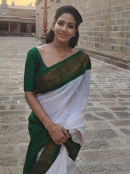 Women's Silk Blend White Woven Design Designer Saree With Blouse Piece