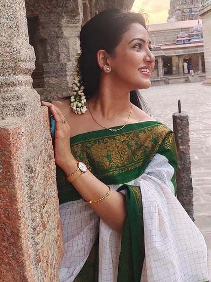 Women's Silk Blend White Woven Design Designer Saree With Blouse Piece