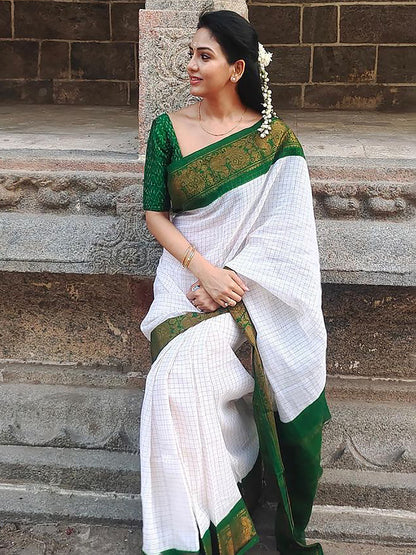 Women's Silk Blend White Woven Design Designer Saree With Blouse Piece