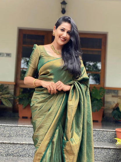 Women's Silk Blend Green Woven Design Designer Saree With Blouse Piece