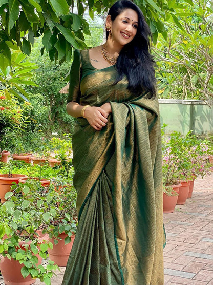 Women's Silk Blend Green Woven Design Designer Saree With Blouse Piece