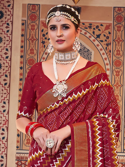Women's Silk Blend Maroon Woven Design Designer Saree With Blouse Piece